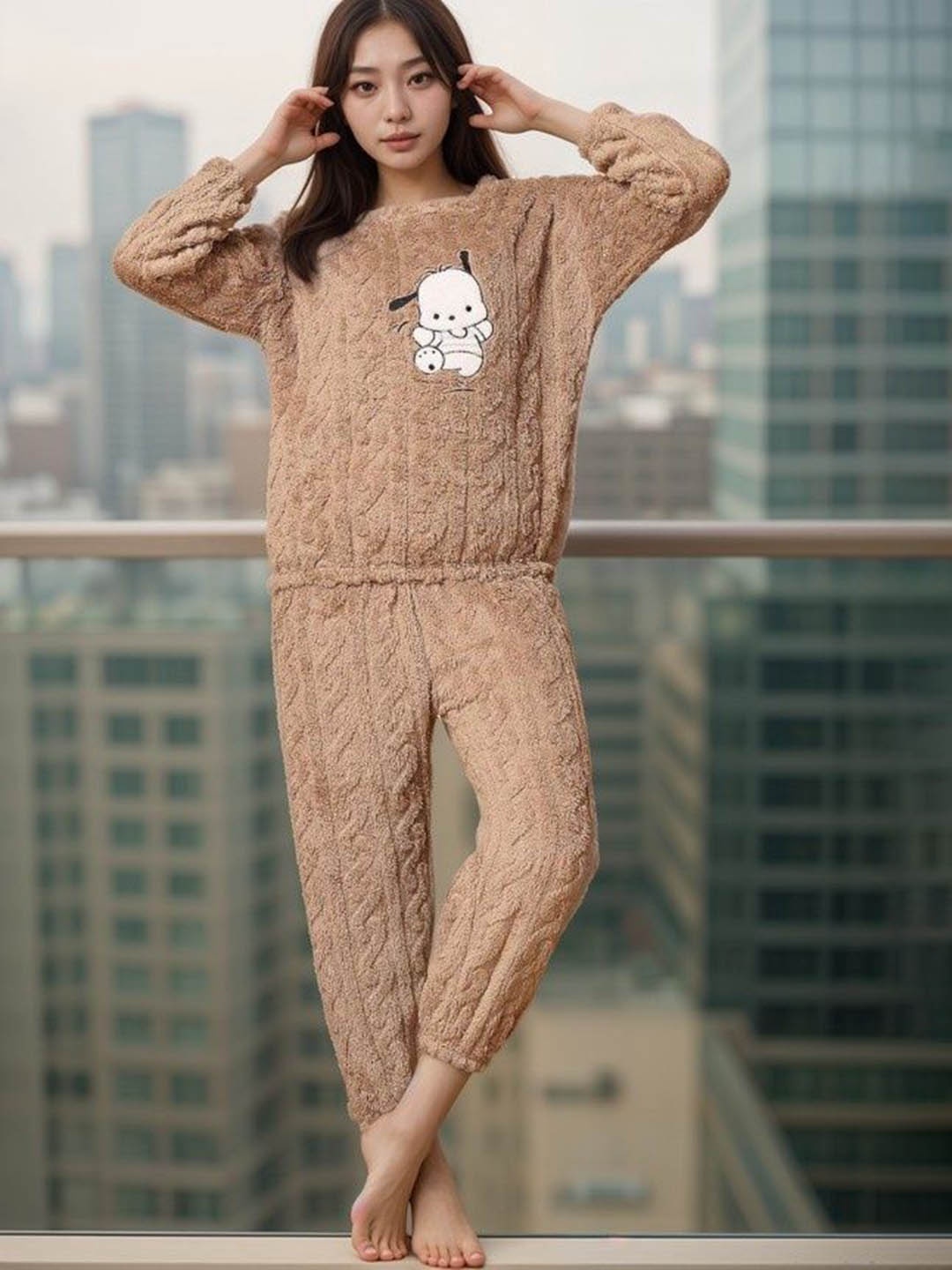 

BAESD Printed Long Sleeve Sweaters With Trousers Night Suit, Brown