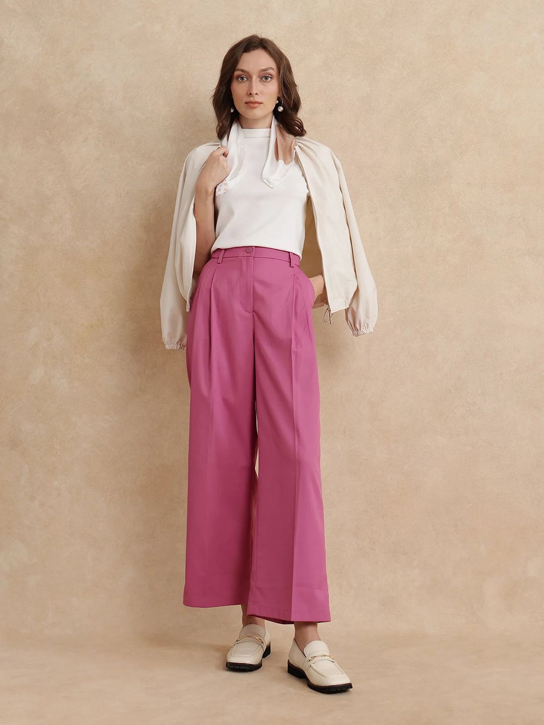 

RAREISM Women Tailored Loose Fit High-Rise Pleated Trousers, Pink