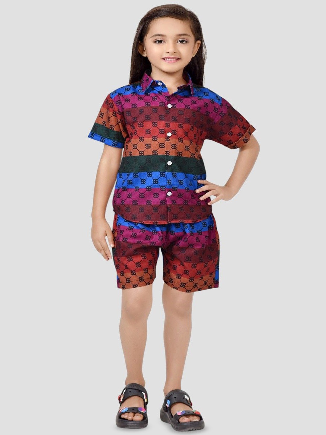 

BAESD Girls Printed Pure Cotton Shirt With Shorts Clothing Set, Red