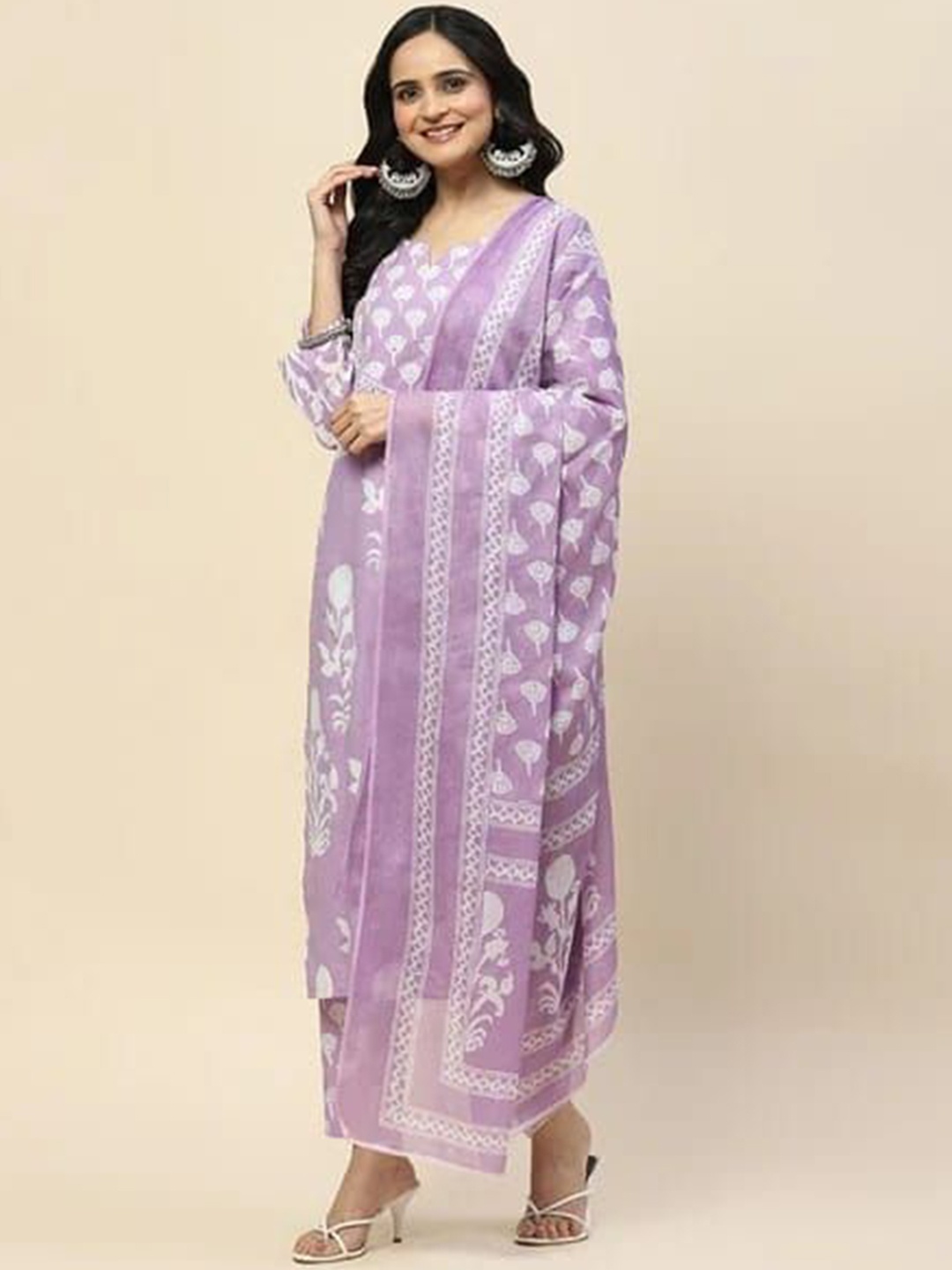 

MILAAV Floral Embroidered Sequinned Pure Cotton Straight Kurta With Trousers & Dupatta, Purple