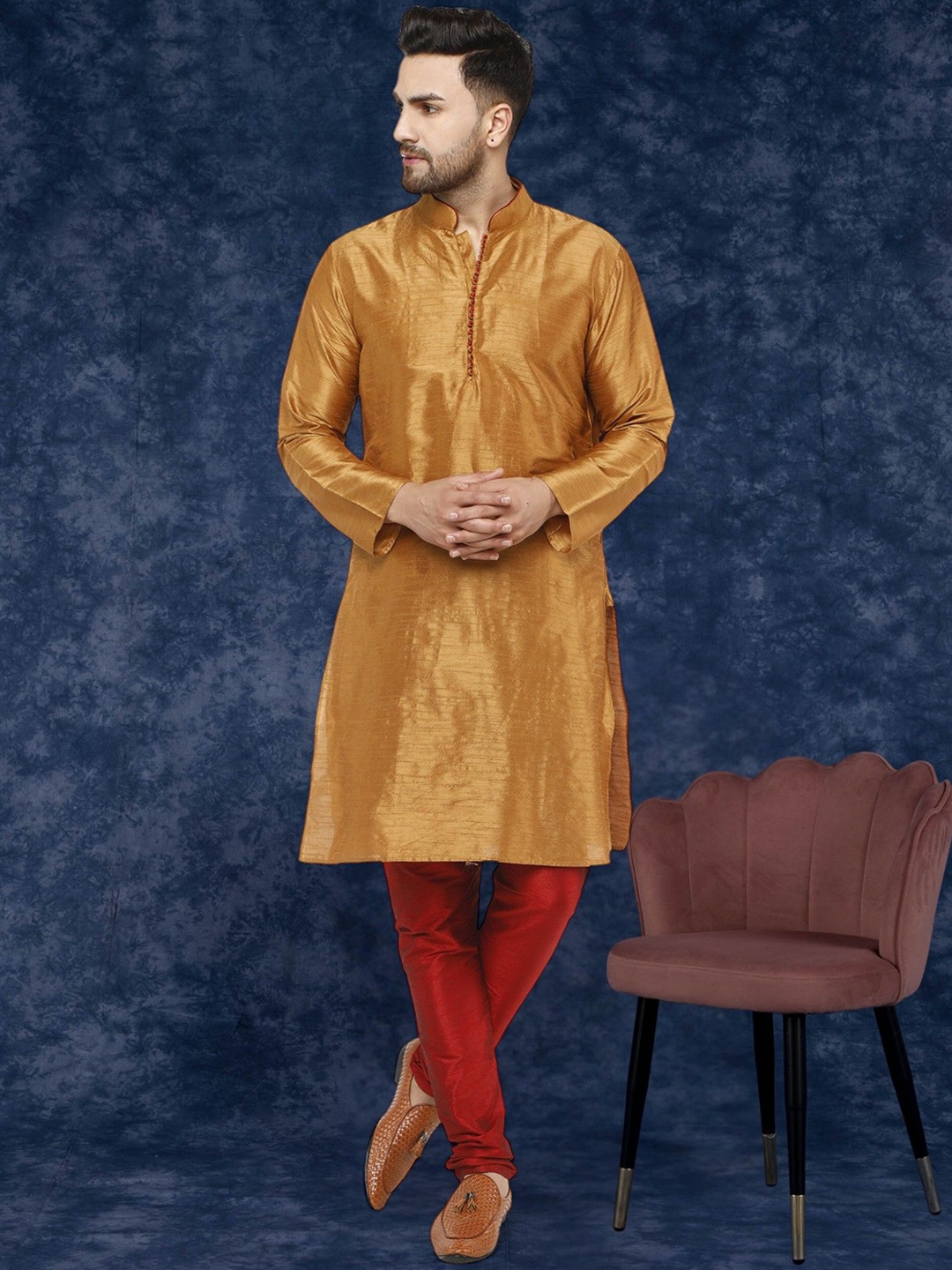 

SKAVIJ Mandarin Collar Long Sleeves Regular Straight Kurta With Churidar, Brown