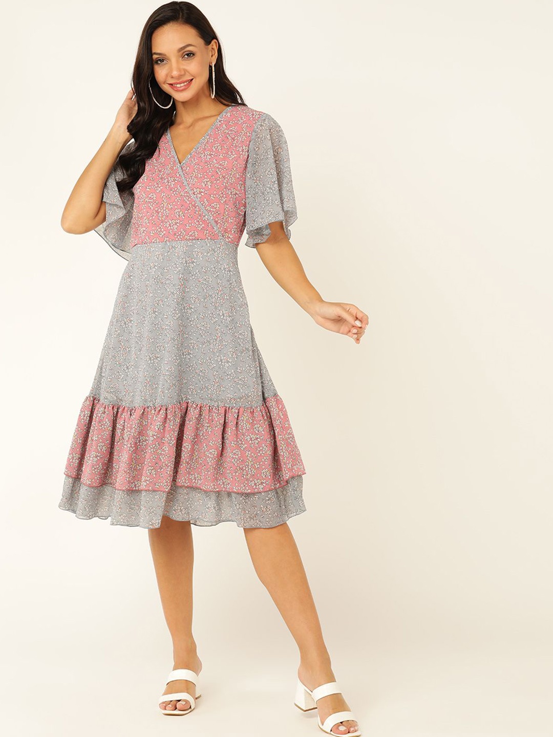 

DODO & MOA Ethnic Motifs Print Flared Sleeve Georgette Fit & Flare Dress, Pink
