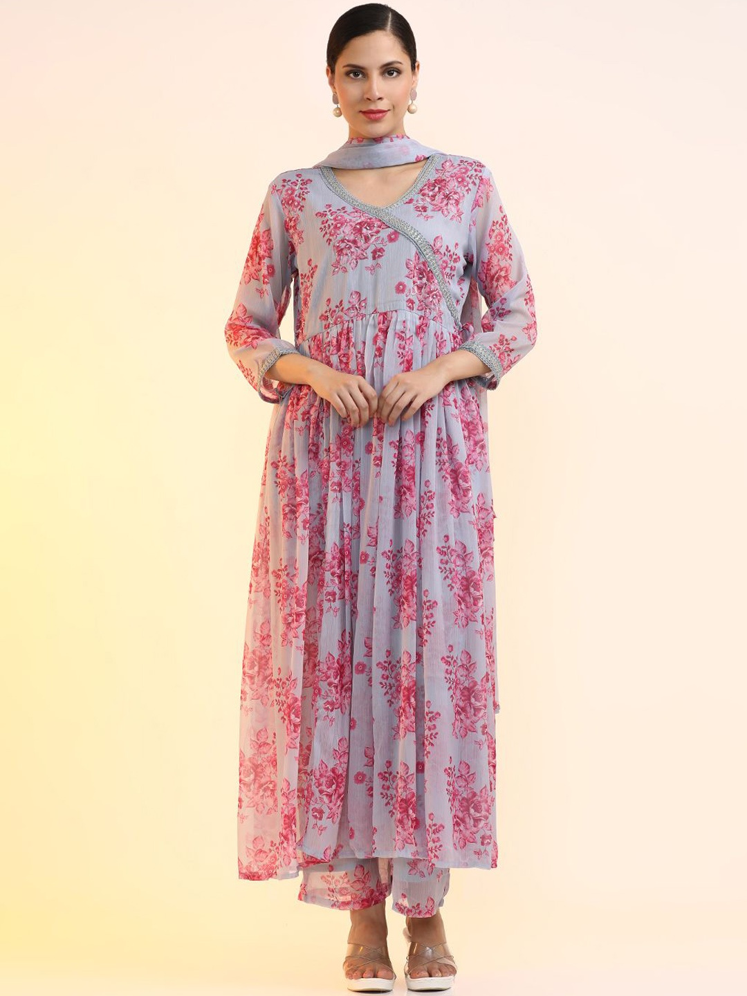 

Jaipur Kurti Women Floral Embroidered Angrakha Gotta Patti Kurta with Trousers & With Dupatta, Grey