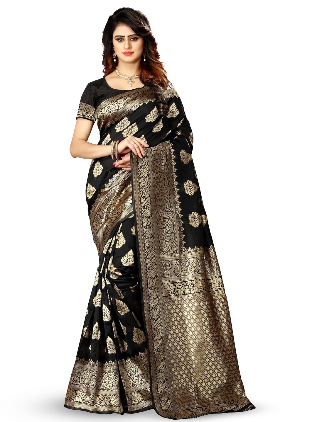 

KALINI Woven Design Zari Silk Blend Kanjeevaram Saree, Black
