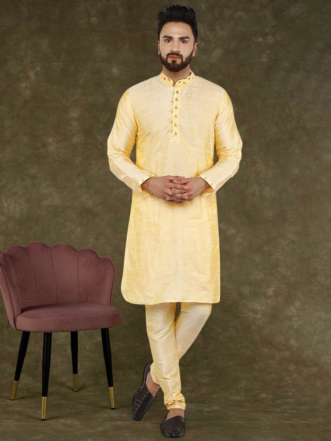

SKAVIJ Mandarin Collar Long Sleeves Regular Thread Work Straight Kurta With Churidar, Beige