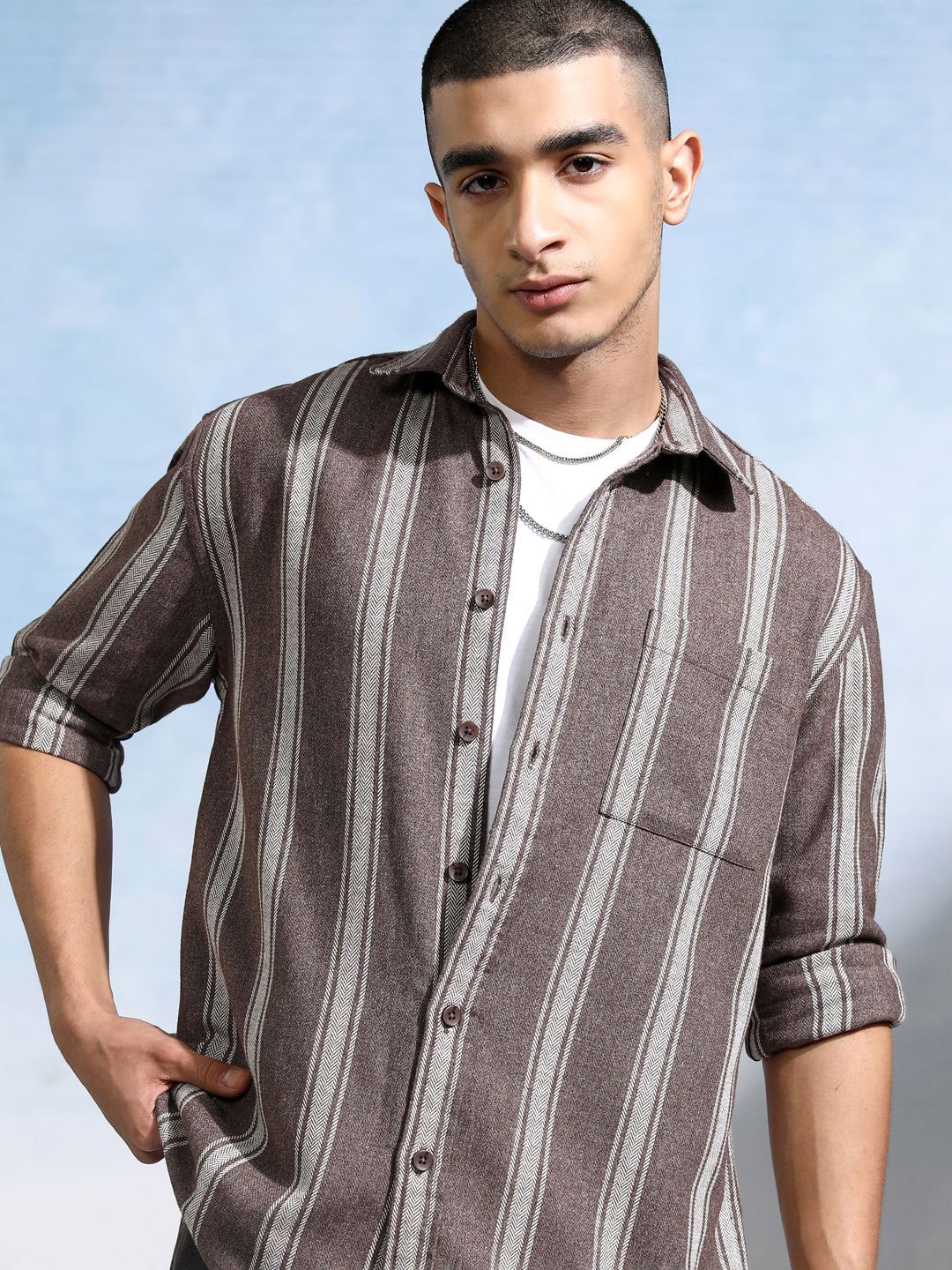 

HIGHLANDER Men Herringbone Melange Textured Striped Relaxed Overshirt, Brown
