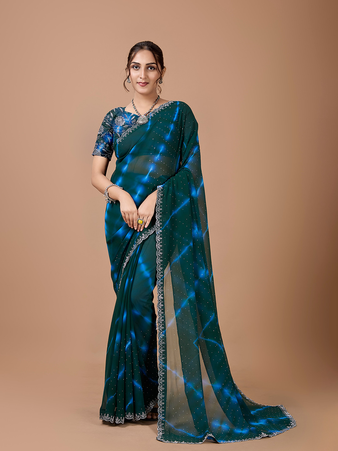 

A.V.M Prints Tie and Dye Beads and Stones Saree, Turquoise blue