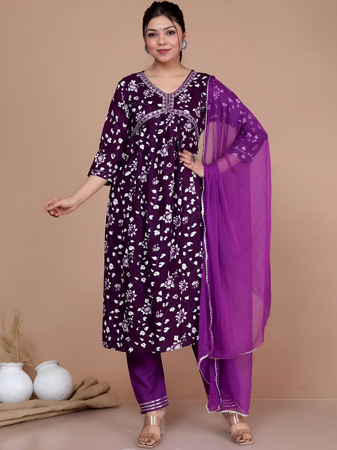 

Lali Creation Floral Printed Empire Thread Work A-line Kurta with Trouser & Dupatta, Purple