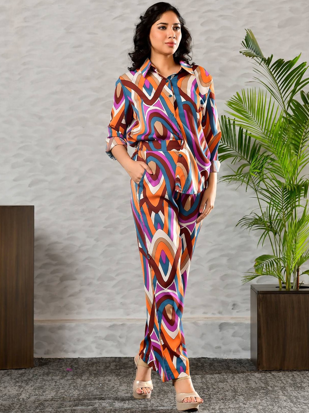 

Unityshop Abstract Printed Shirt Collar Shirt & Trousers, Orange