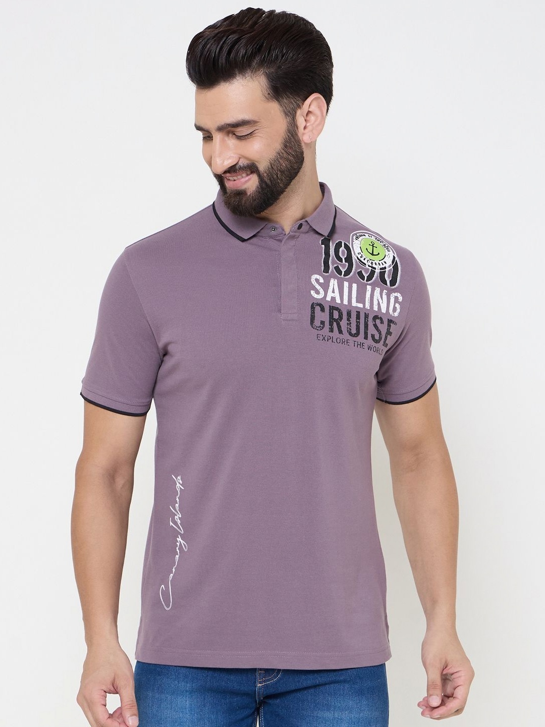 

Duke Men Typography Printed Polo Collar Cotton T-shirt, Purple