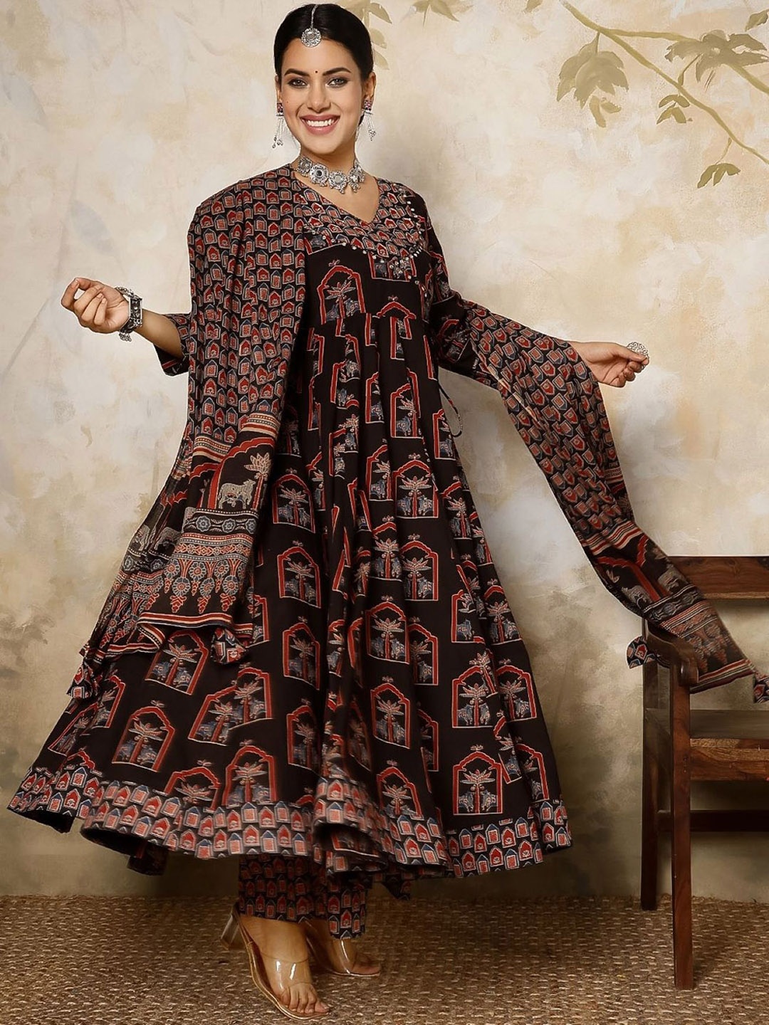 

GEKHA Ethnic Motifs Printed Regular Mirror Work Pure Cotton Kurta & Trouser With Dupatta, Black