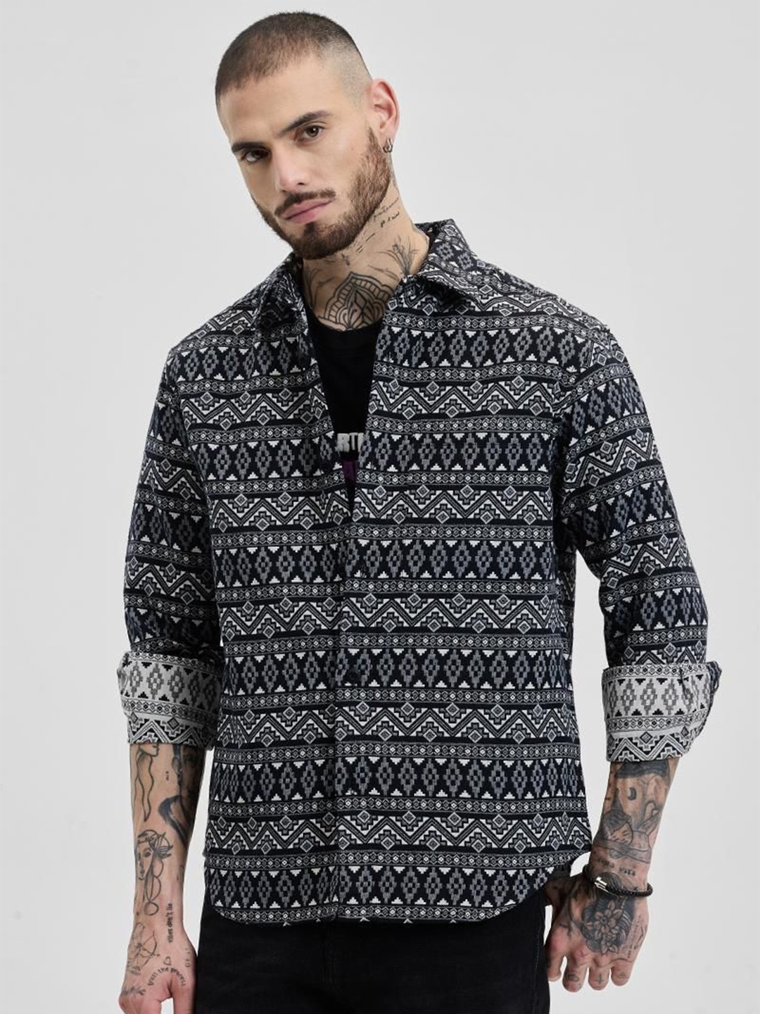 

Snitch Men Geometric Open Front Jacket, Black