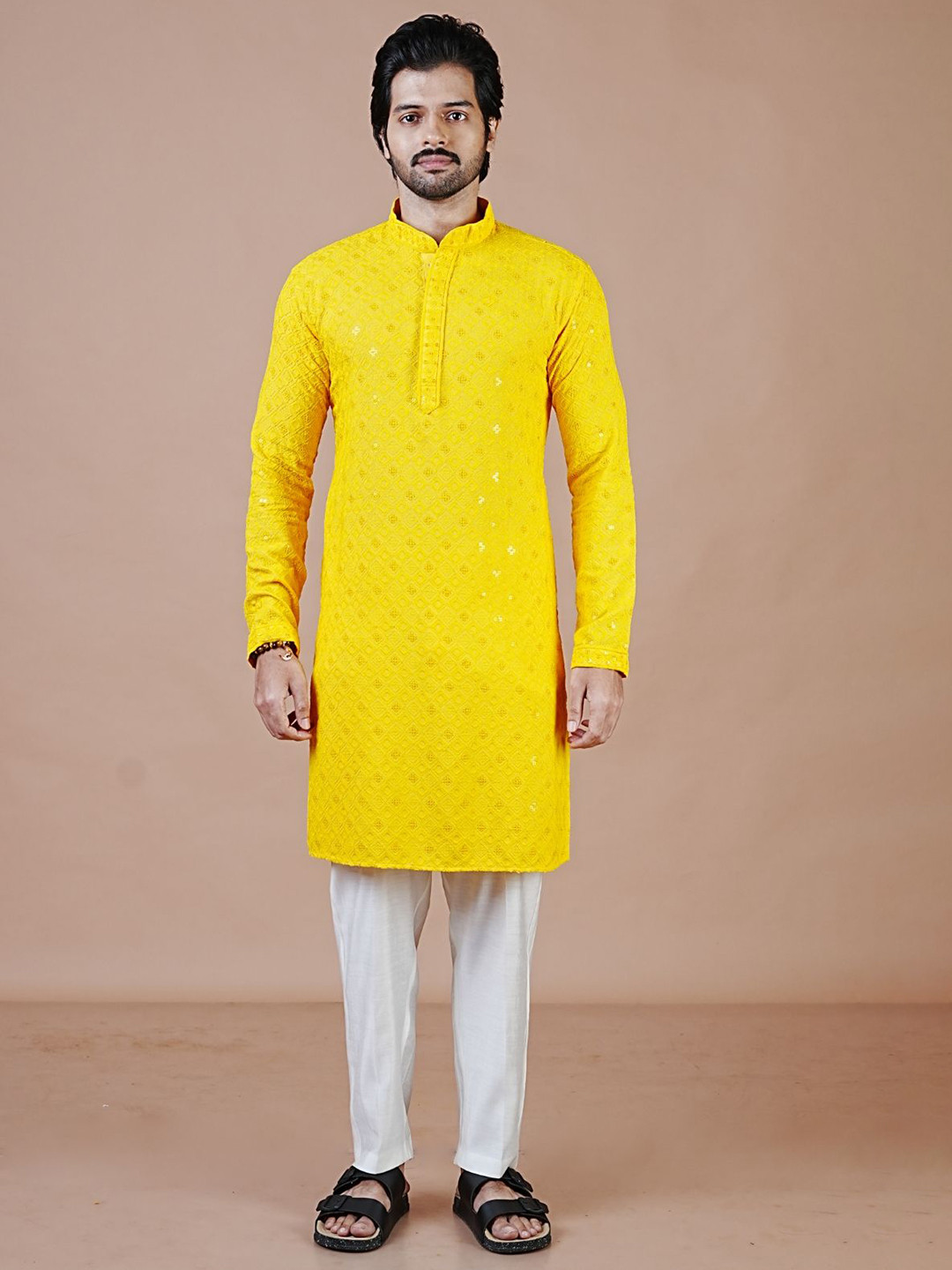 

ARYA Men Embroidered Regular Sequinned Kurta with Pyjamas, Yellow