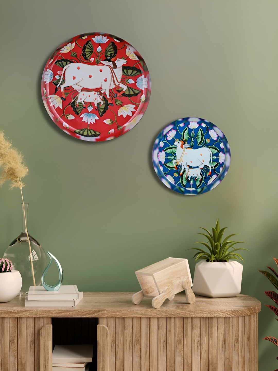 

Homspurts Blue & Red 2 Pieces Cows & Floral Printed Wall Art