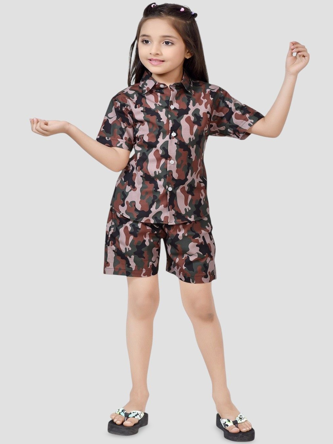 

BAESD Girls Printed Pure Cotton Shirt With Shorts Clothing Set, Green