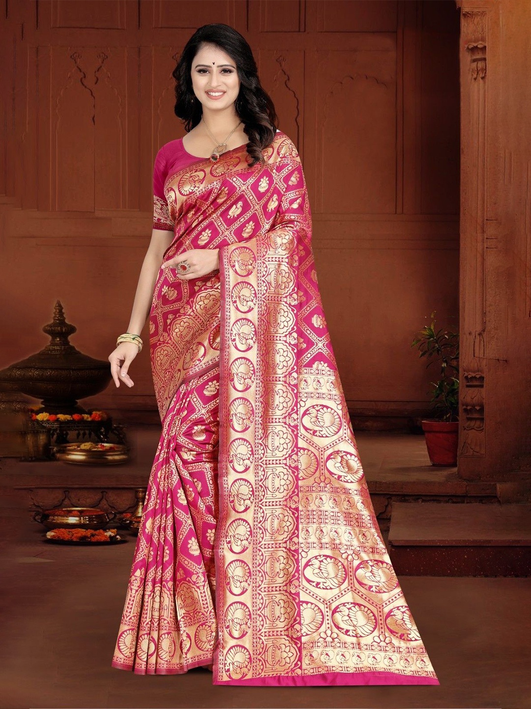 

KALINI Woven Design Zari Silk Blend Kanjeevaram Saree, Pink