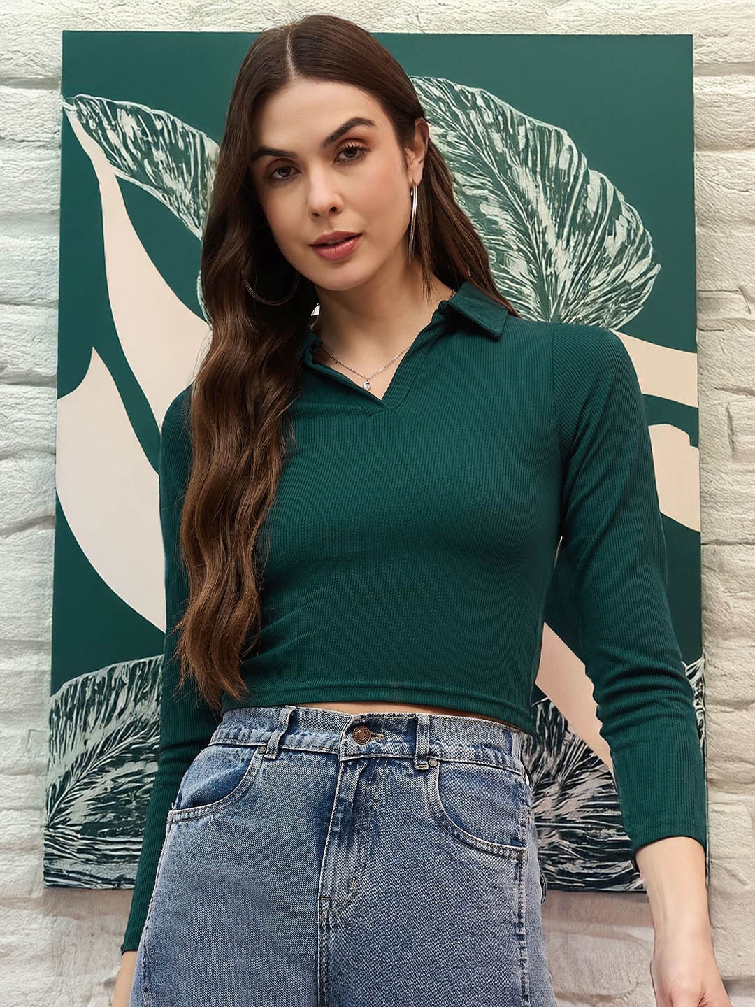 

DressBerry Women Striped Shirt Collar Long Sleeves Crop Top, Teal