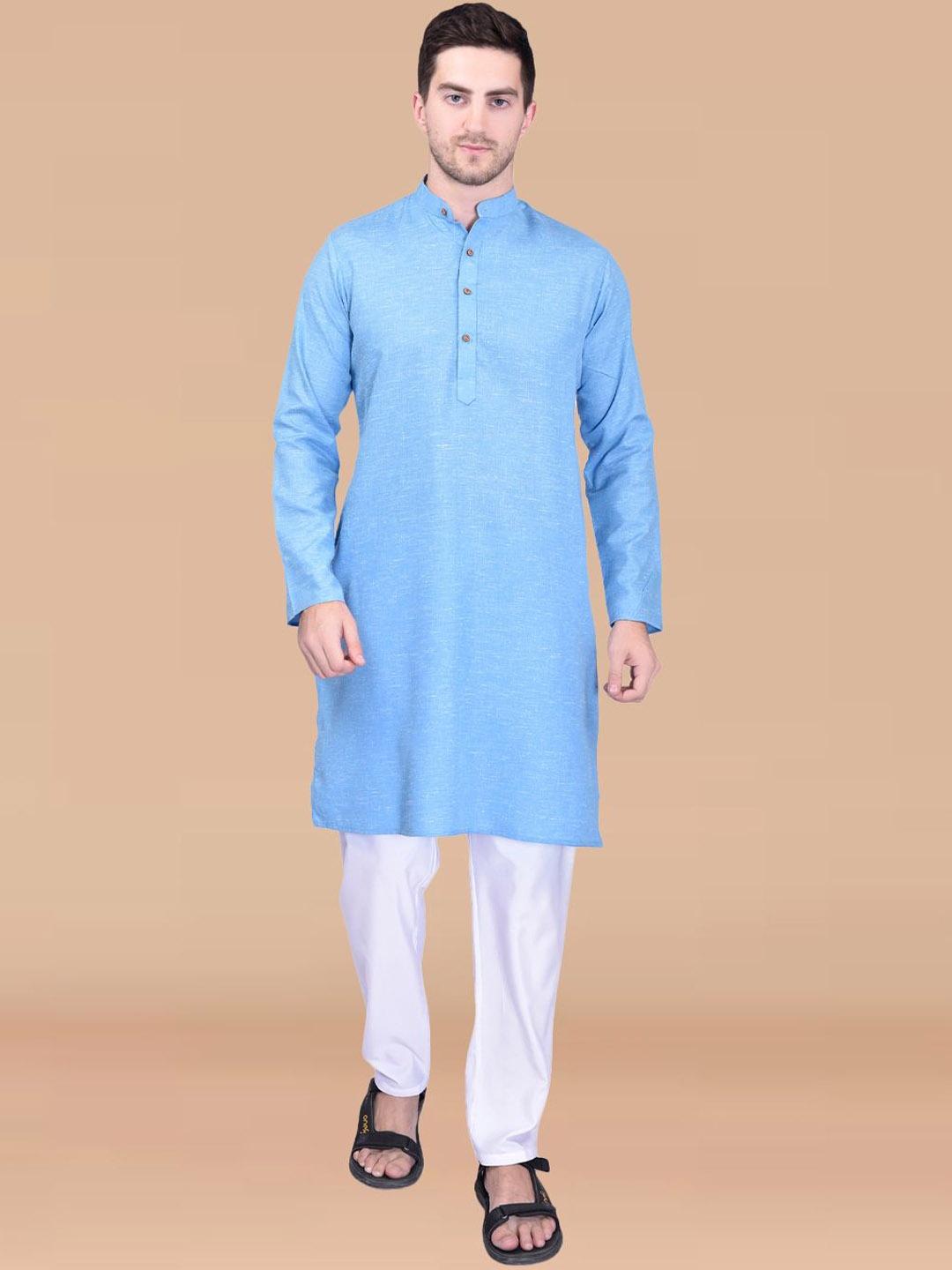 

BOWLIFESTYLE Band Collar Pure Cotton Straight Kurta with Trousers, Blue