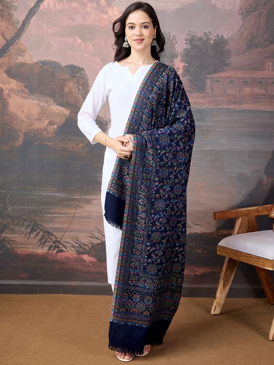 

House of Pataudi Women Floral Woven Design Shawl, Navy blue