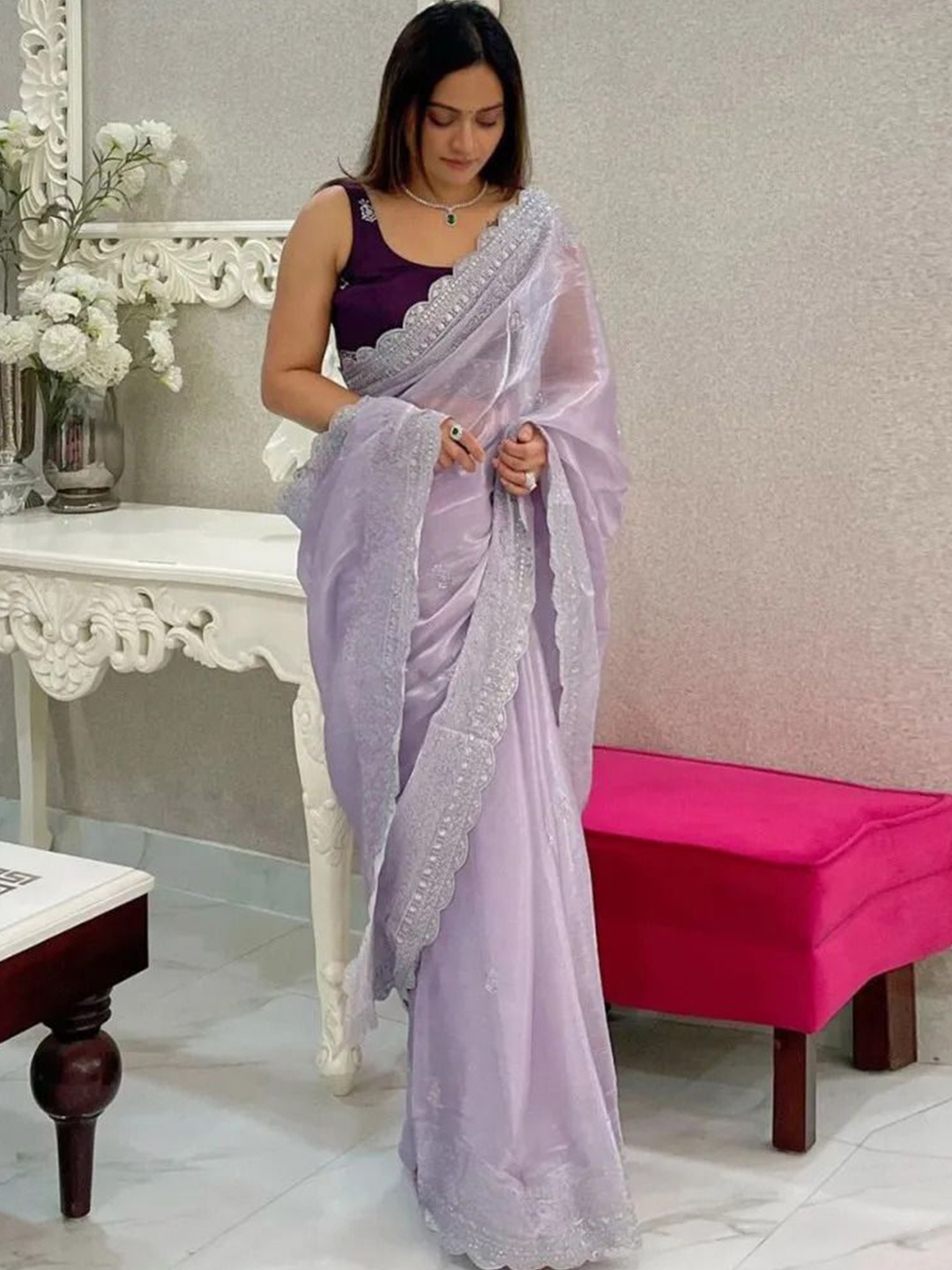 

ZIKARAA Embroidered Pure Silk Saree, Lavender