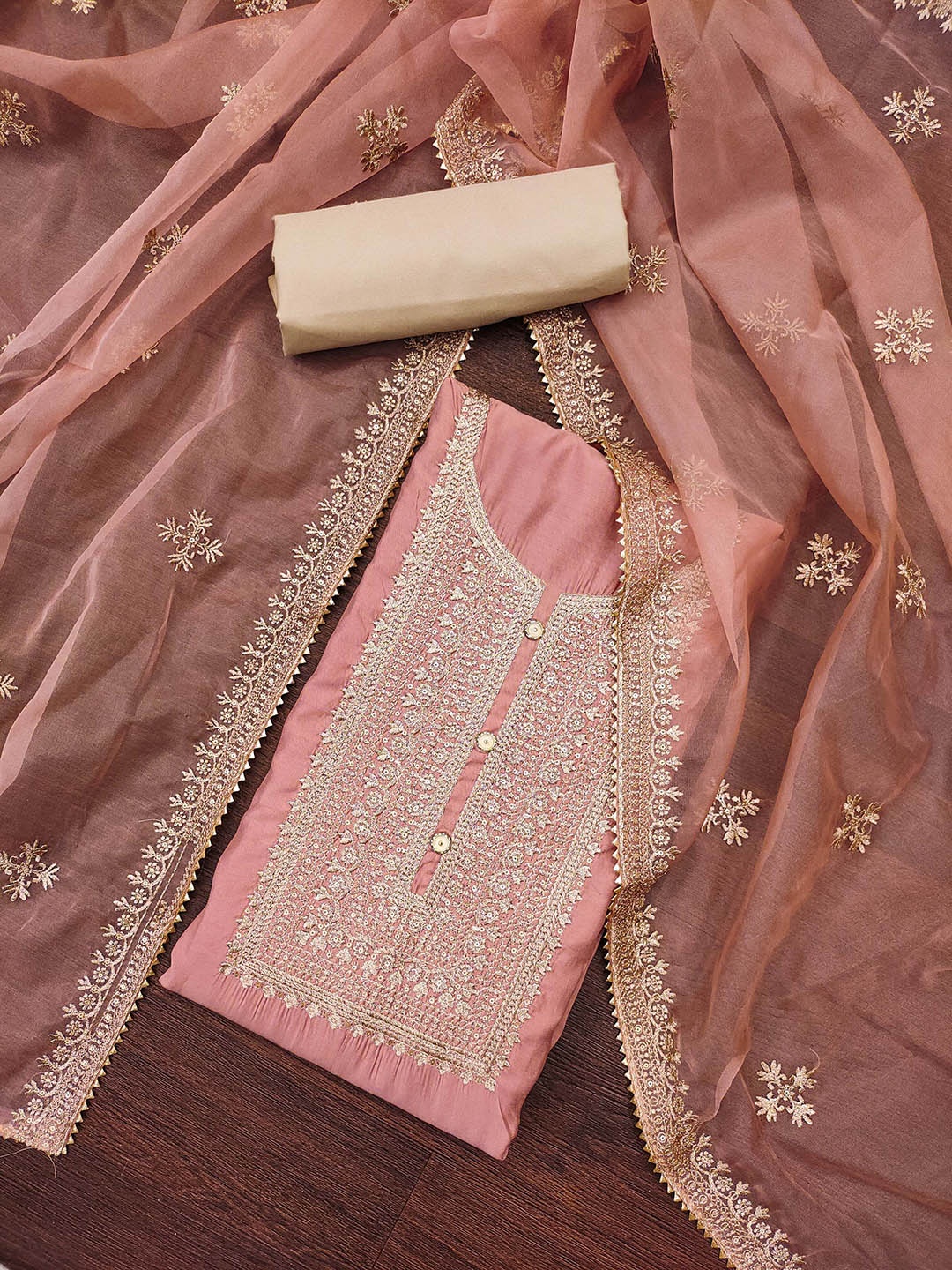 

Maroosh Embellished Zari Unstitched Dress Material, Peach