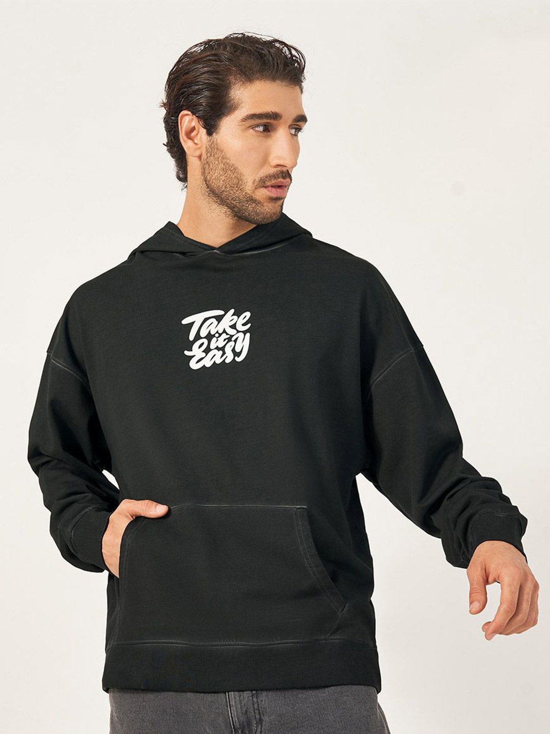 

Styli Men Acid Washed Front Graphic Print Oversized Fit Hoodie, Black