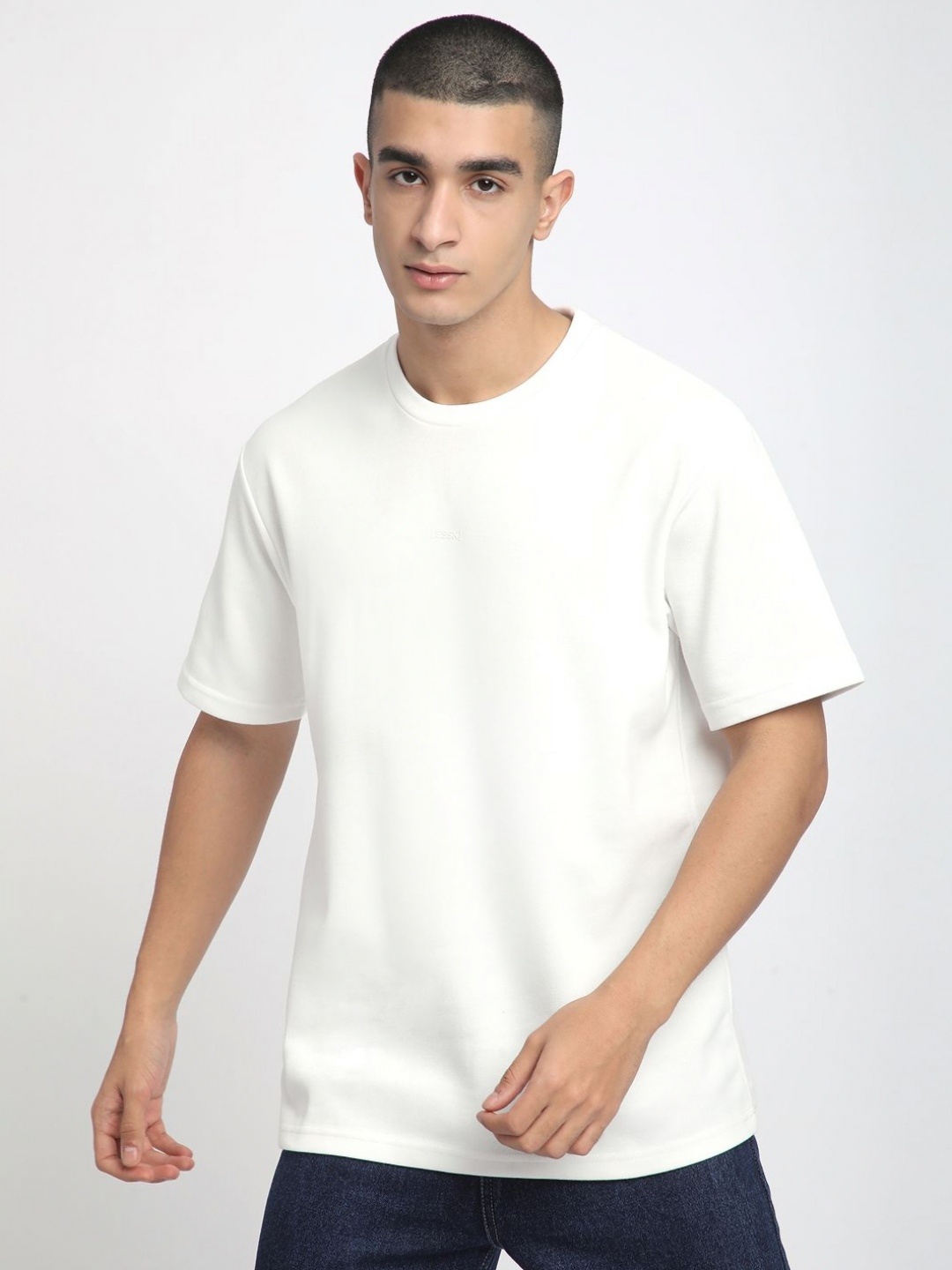 

R&B Men Solid Round Neck Cotton Relaxed Fit T-shirt, White