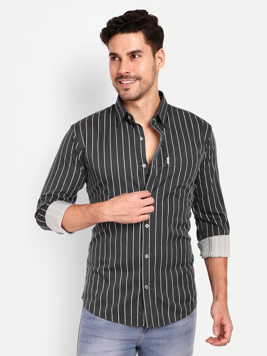 

Lewogle Men Opaque Striped Casual Shirt, Grey