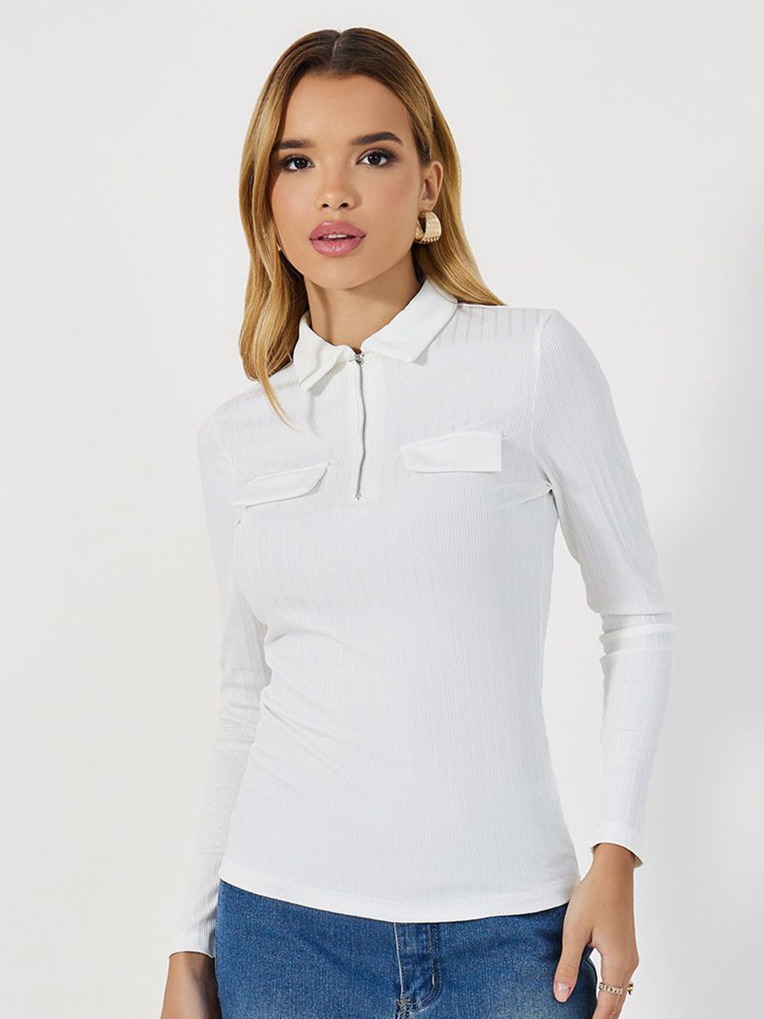 

Styli Women Solid Regular Fit Long Sleeves Polo with Half Zip CF Opening, Off white