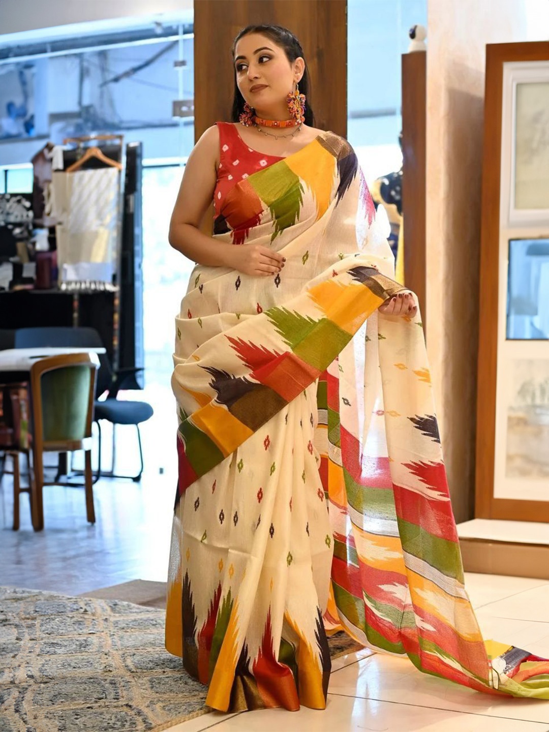 

HERE&NOW Kalamkari Printed Pure Cotton Bagru Saree, Beige