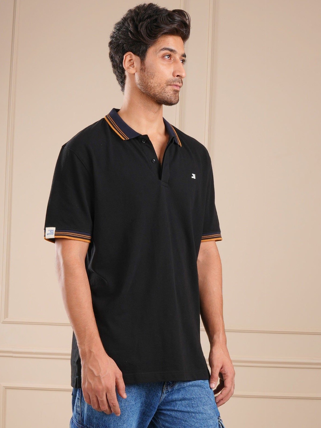 

ROAR FOR GOOD Men Solid Polo Collar Organic Cotton T-shirt, Black