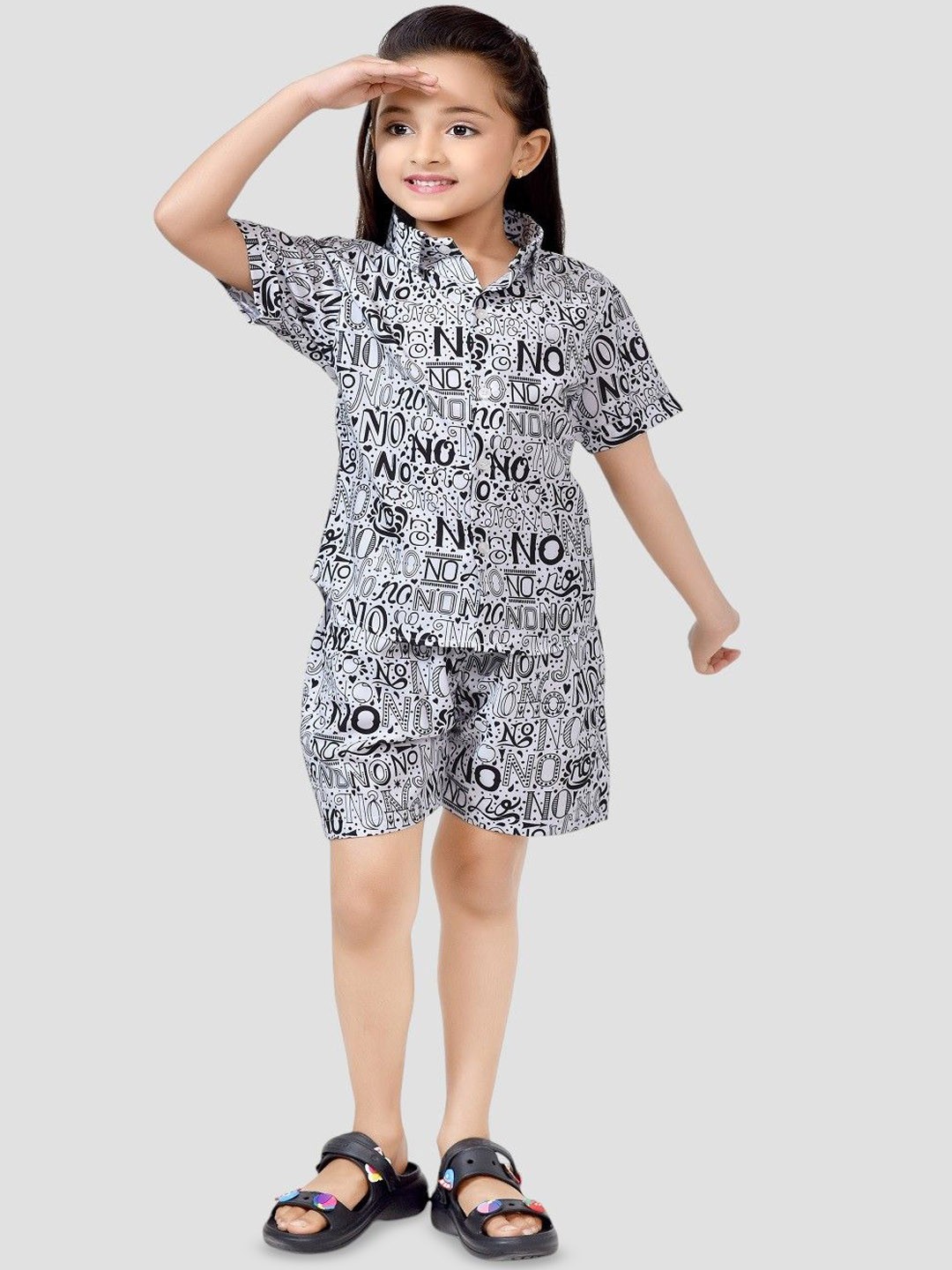 

BAESD Girls Printed Pure Cotton Shirt With Shorts Clothing Set, Black