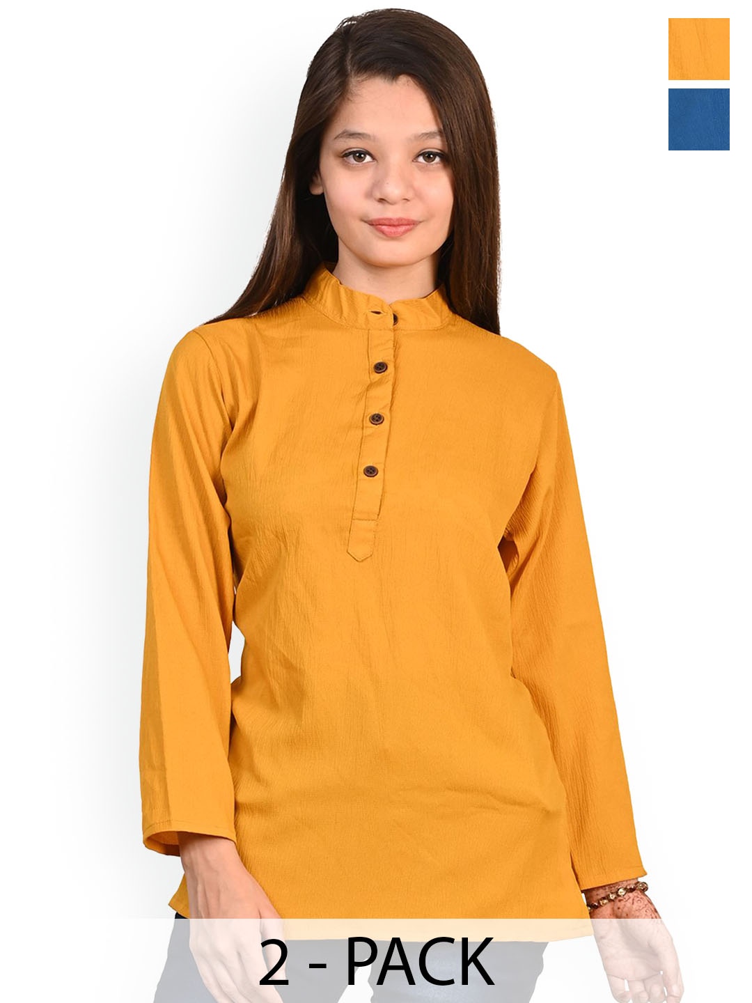 

BAESD Girls Pack of 2 Band Collar Long Sleeves Straight Kurta, Yellow