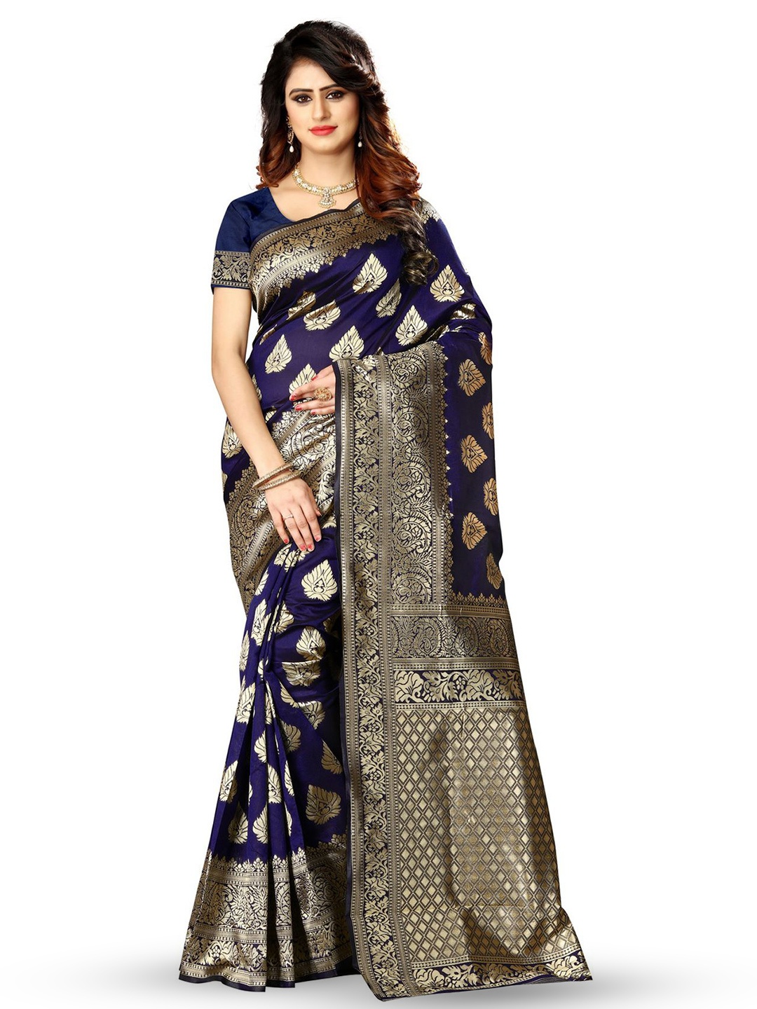 

KALINI Woven Design Zari Silk Blend Kanjeevaram Saree, Navy blue