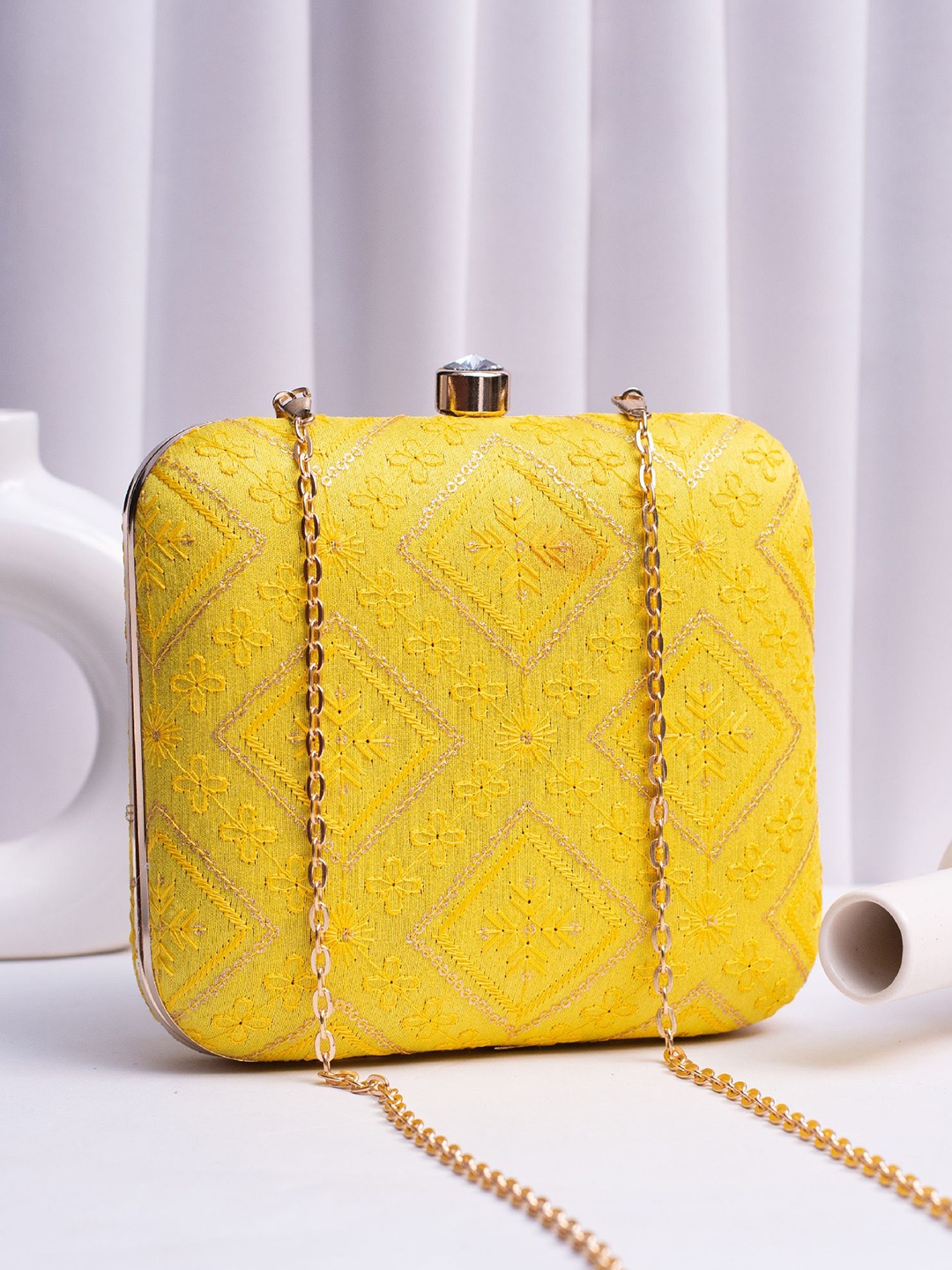 

ARTKLIM Embroidered Embellished Box Clutch, Yellow