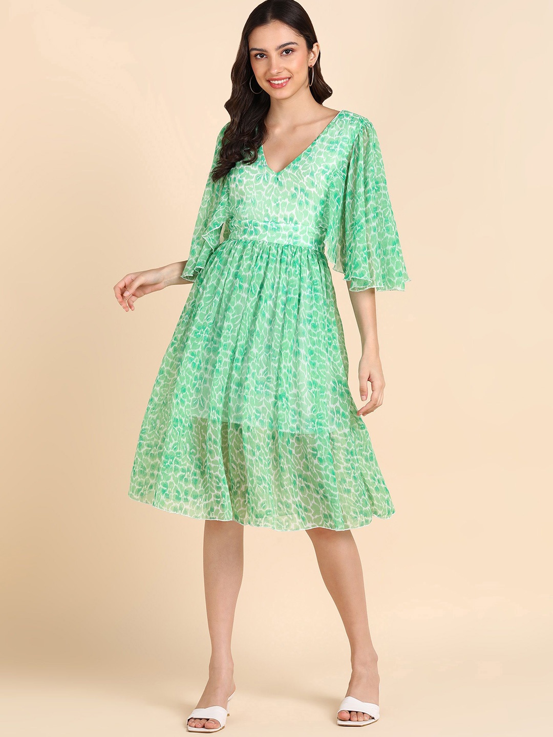 

DODO & MOA Floral Print Flared Sleeve Georgette Fit & Flare Dress, Green