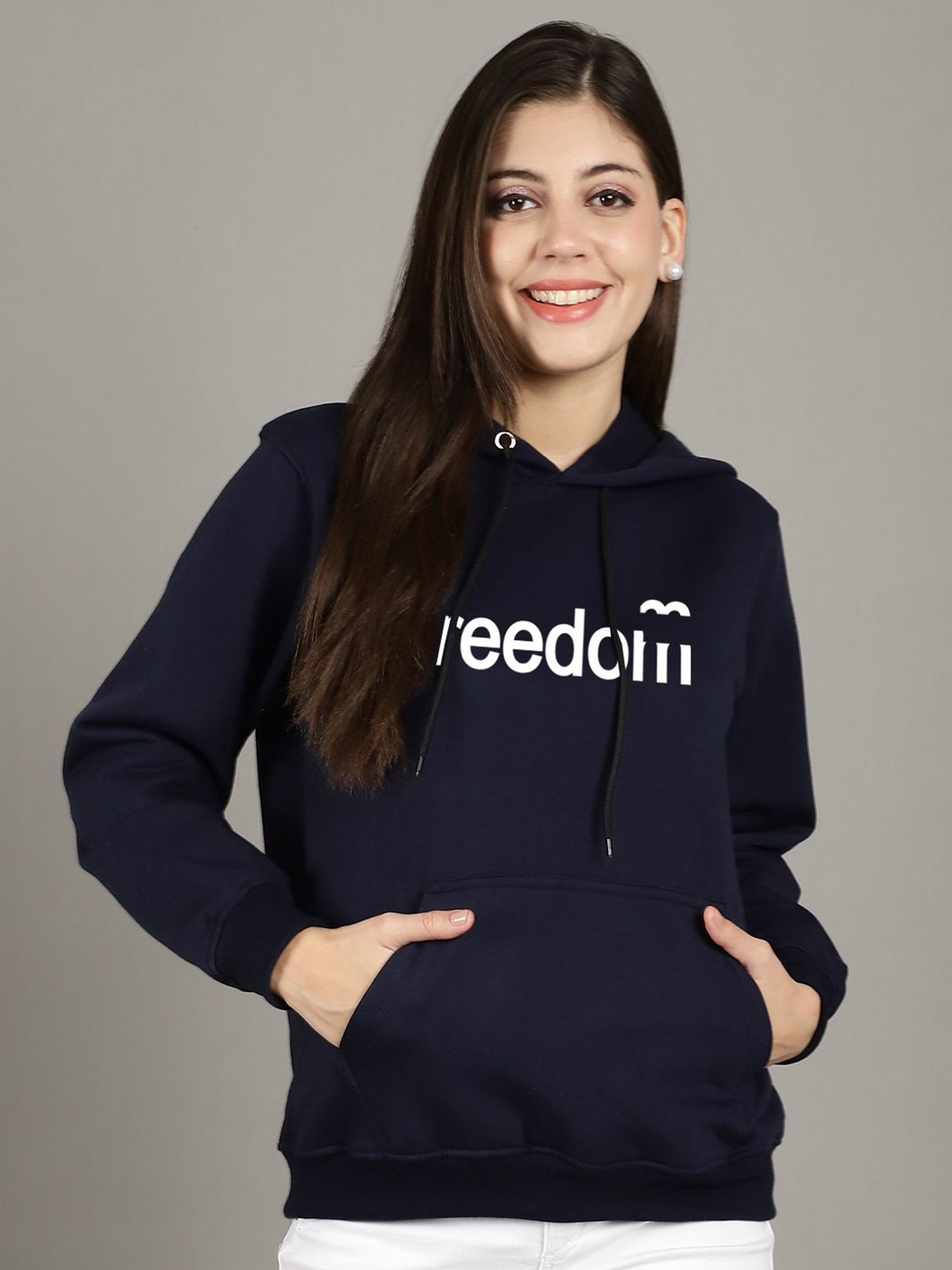 

GRACIT Women Printed Hooded Sweatshirt, Navy blue