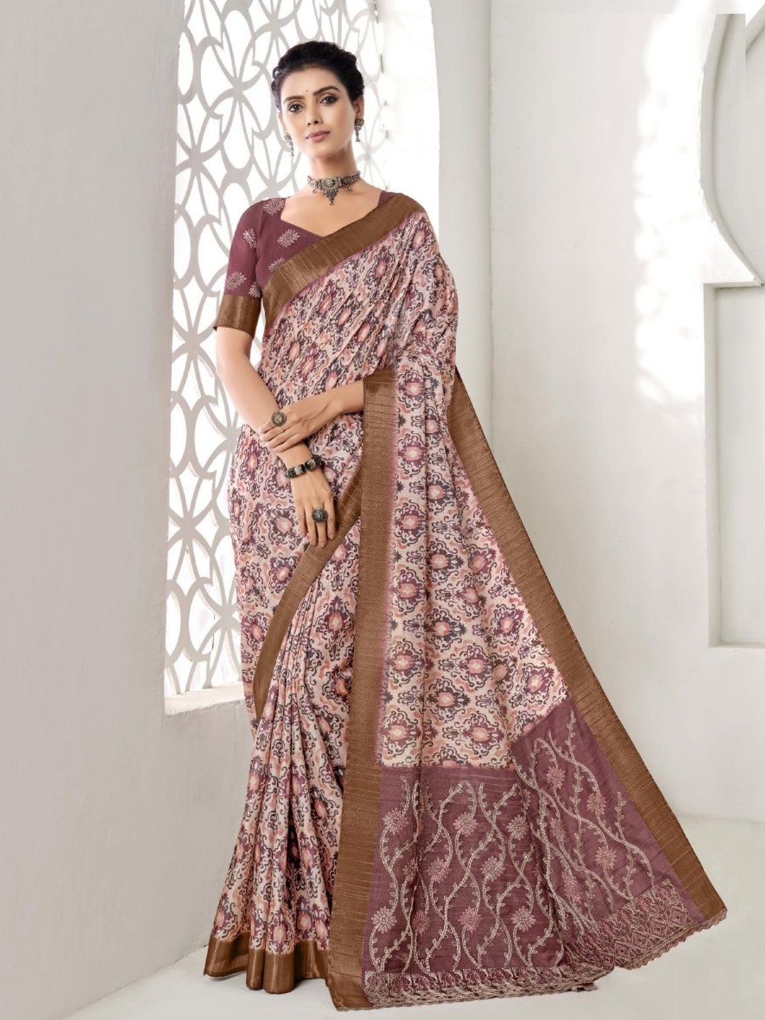 

MAHALASA Ethnic Motifs Art Silk Tussar Saree, Beige