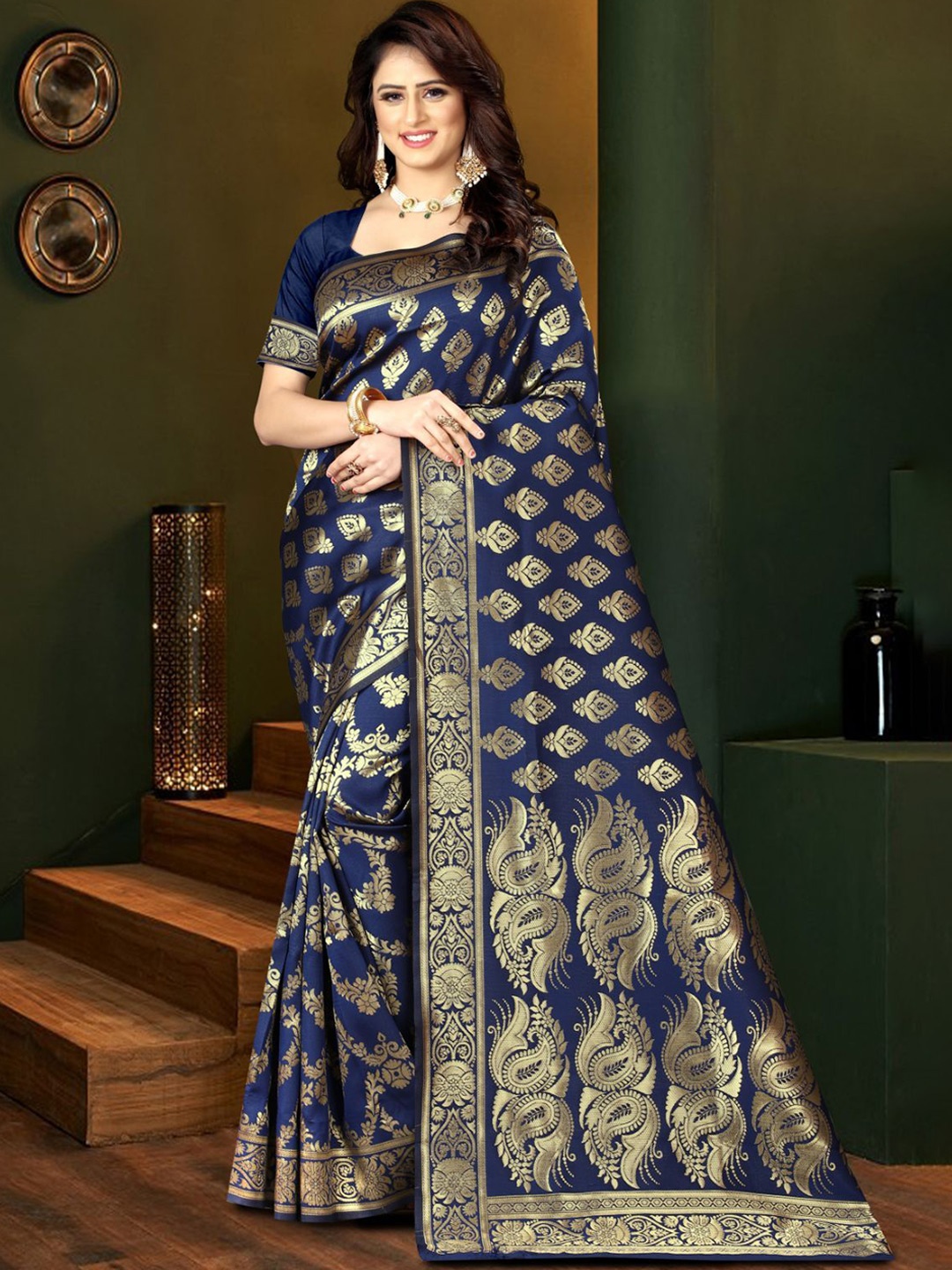 

KALINI Woven Design Zari Silk Blend Kanjeevaram Saree, Navy blue