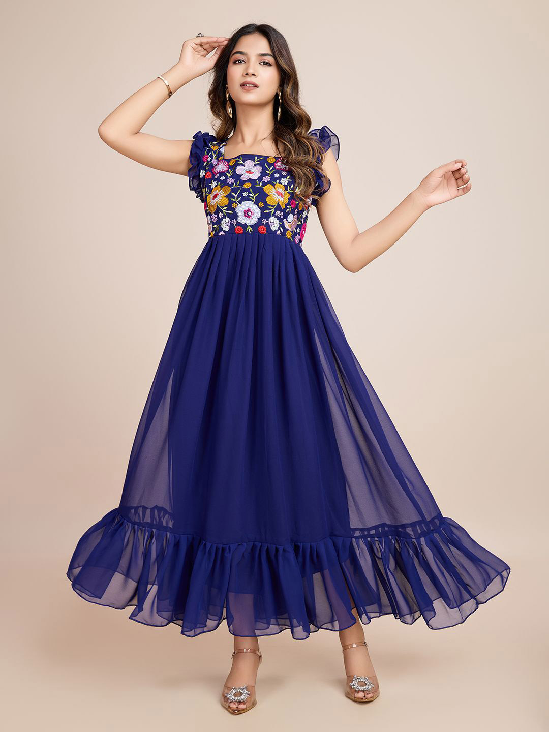 

AKSHARAM Floral Embroidered Georgette Fit & Flare Maxi Dress, Navy blue