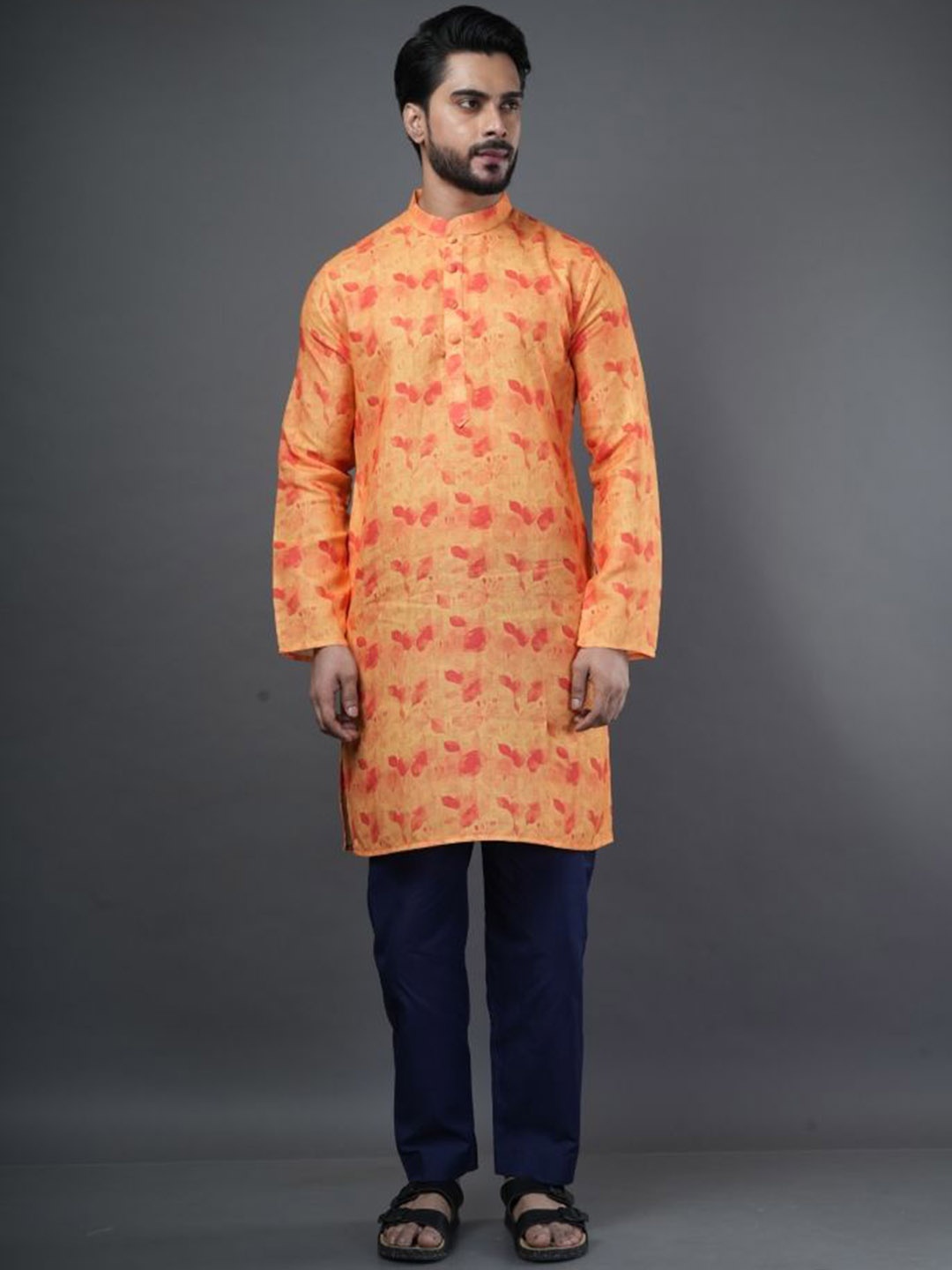 

ARYA Men Printed Regular Linen Kurta with Pyjamas, Yellow