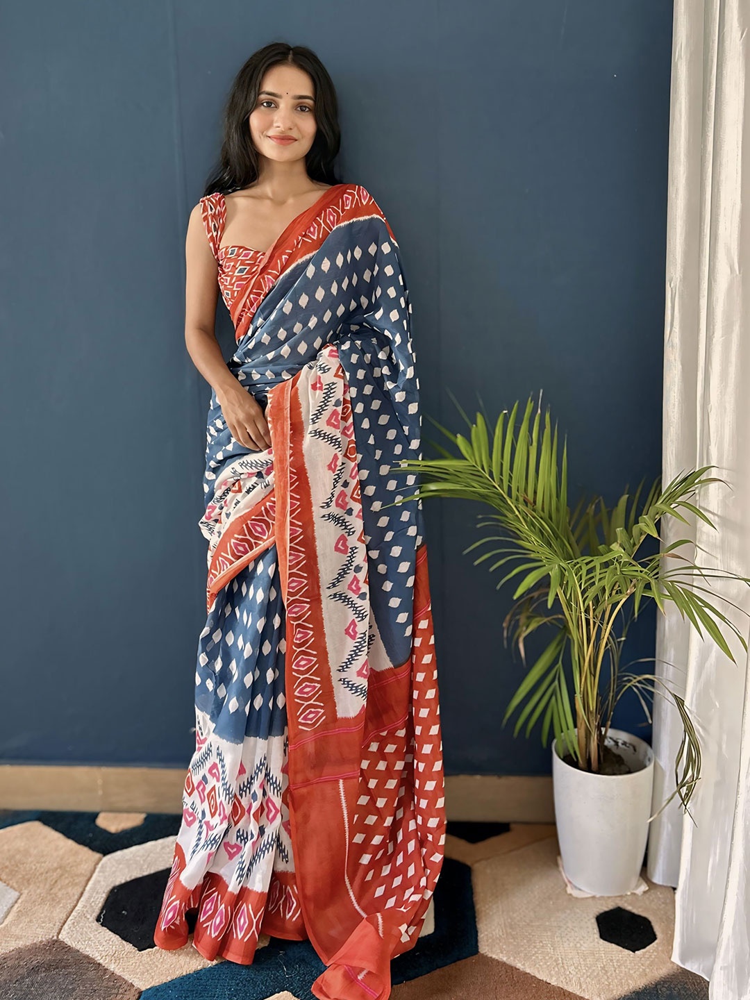 

HERE&NOW Ethnic Motifs Printed Pure Cotton Bagru Saree, Blue