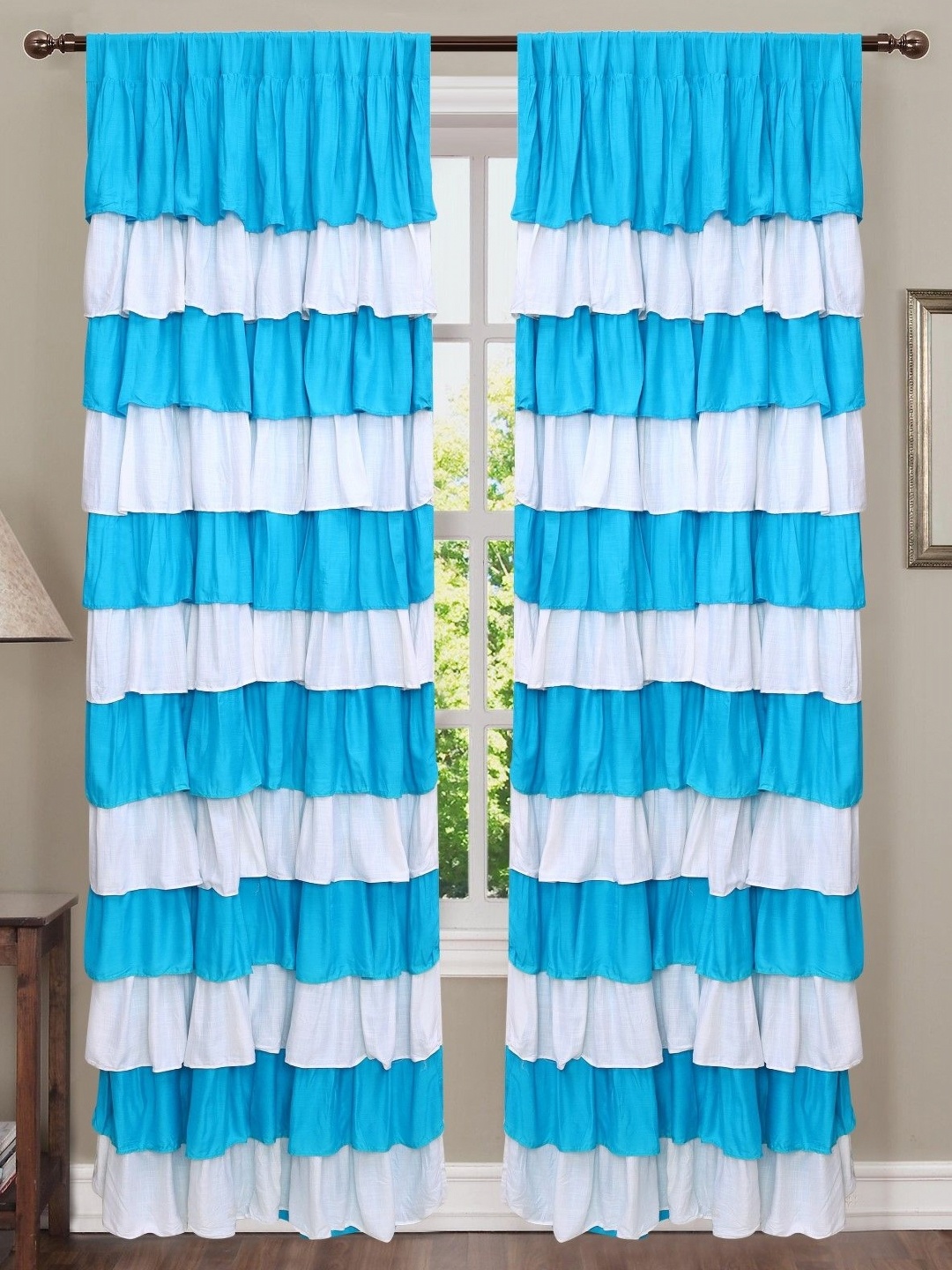 

Dekor World Turquoise Blue & Off White 2 Pieces Window Curtain