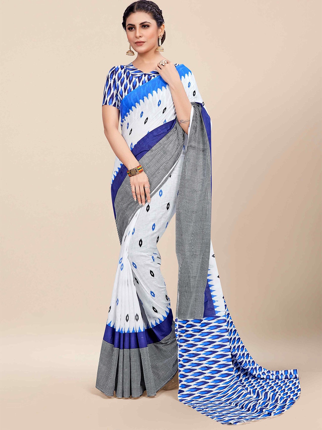 

HERE&NOW Printed Pure Cotton Bagru Saree, White