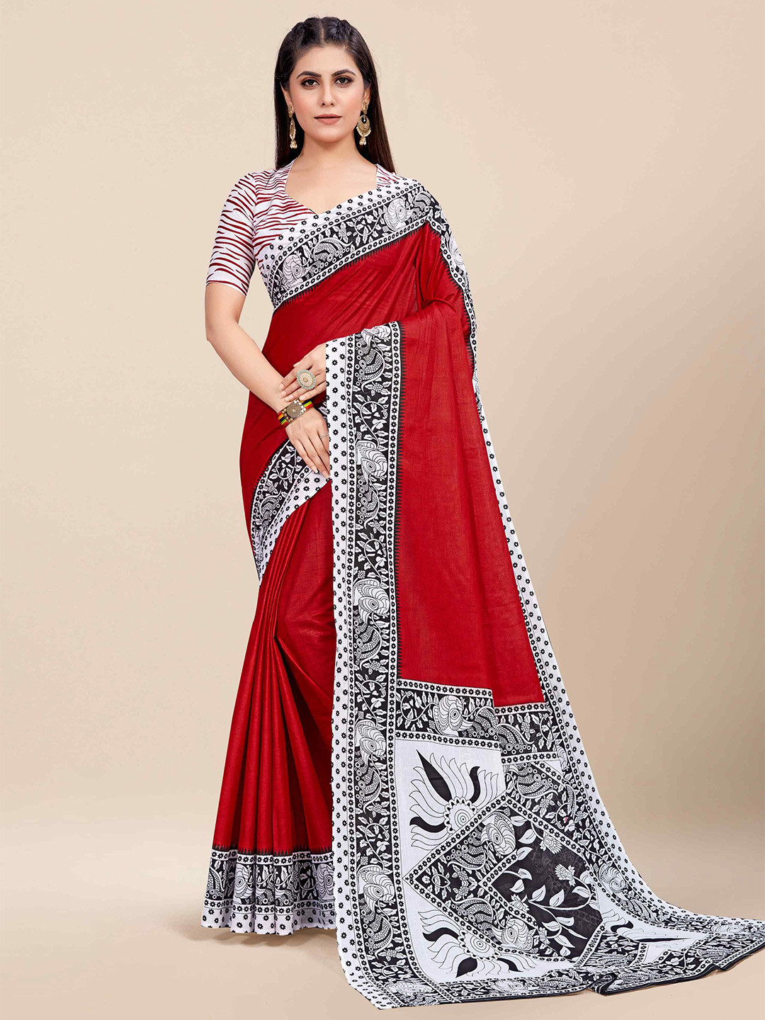 

HERE&NOW Pure Cotton Printed Saree, Red