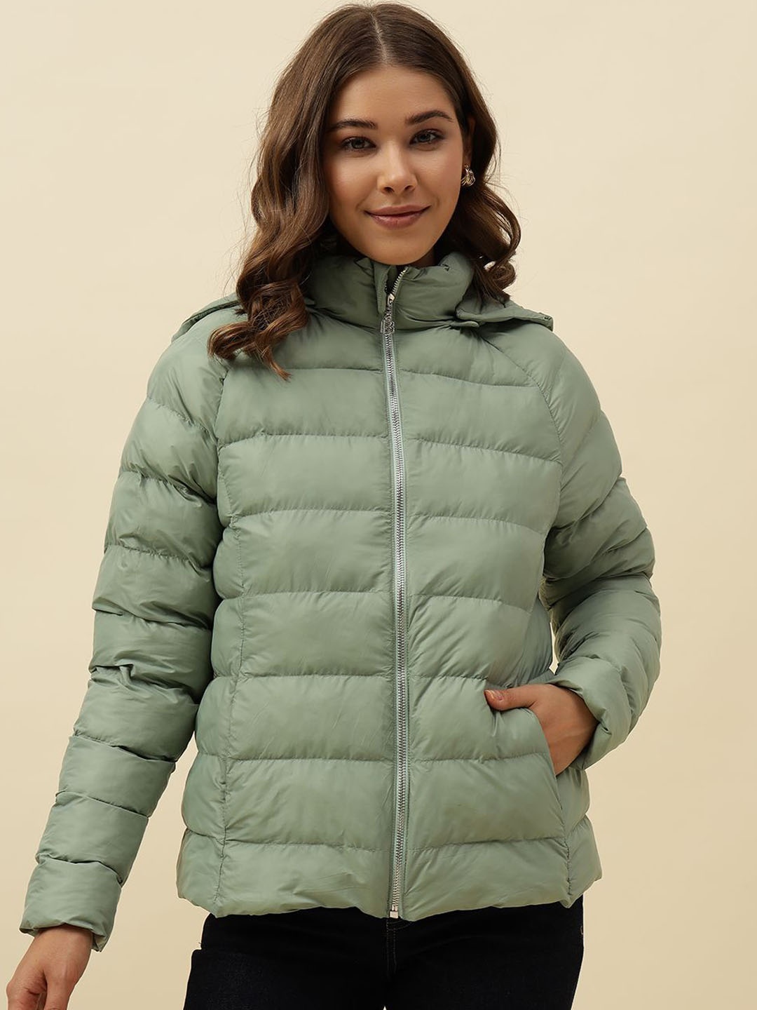 

Beatnik Women Hooded Solid Casual Puffer Jacket, Green