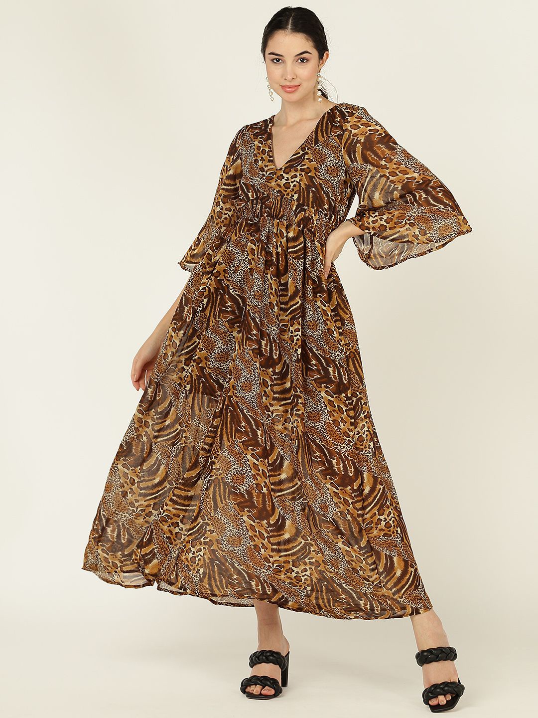 

DODO & MOA Animal Print Bell Sleeve Georgette Maxi Dress, Brown