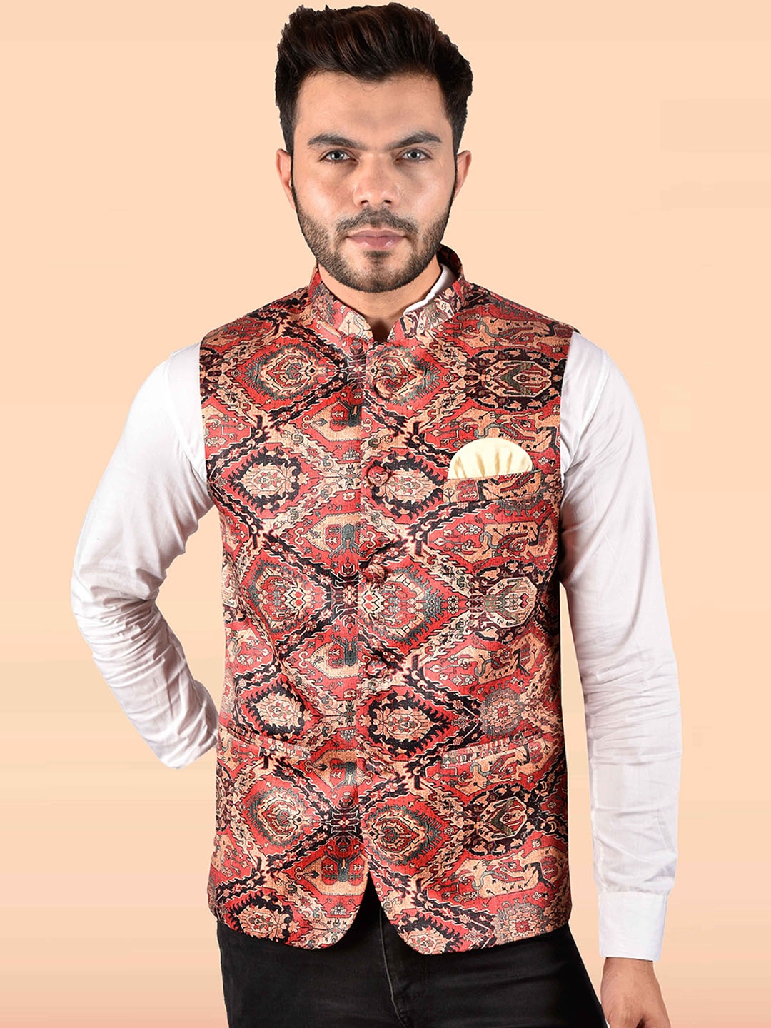 

PRINTINDIA Printed Mandarin Collar Nehru Jacket, Orange