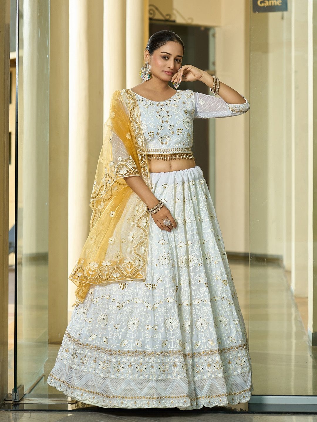 

KALINI Embroidered Thread Work Semi-Stitched Lehenga & Unstitched Blouse With Dupatta, White