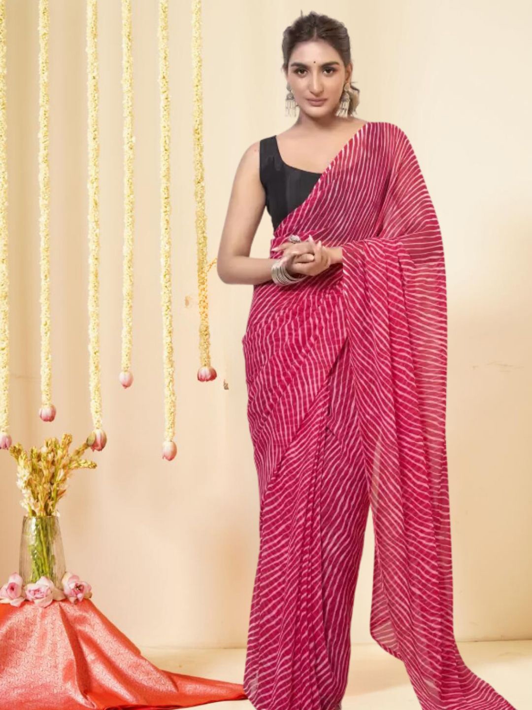 

MAGMINA Leheriya Pure Georgette Ready to Wear Leheriya Saree, Pink